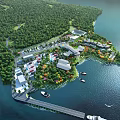 Scenic Island Landscape With Lush Green Forest Surrounding Buildings And Pier With Boats On Water