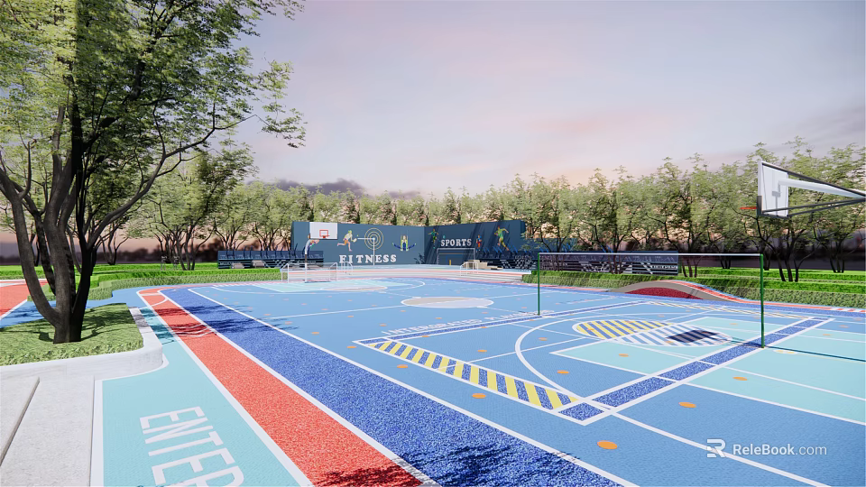 Outdoor Modern Basketball Court With Colorful Flooring And Tree Surroundings 3d model 