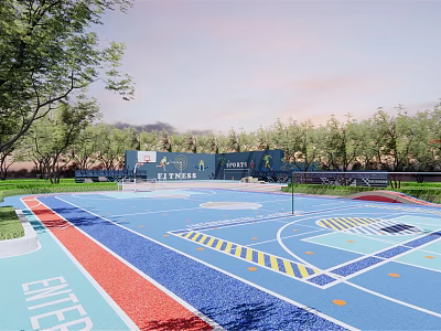 Outdoor Modern Basketball Court With Colorful Flooring And Tree Surroundings 3d model