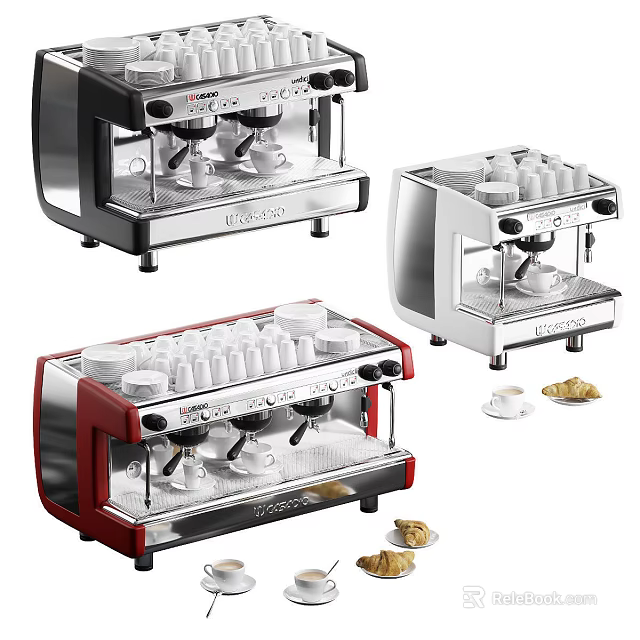 Stylish Modern Kitchen Appliances Featuring Red Black Silver Coffee Machines With Coffee Cups And Pastries 3d model 
