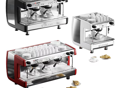 Stylish Modern Kitchen Appliances Featuring Red Black Silver Coffee Machines With Coffee Cups And Pastries 3d model