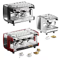 Stylish Modern Kitchen Appliances Featuring Red Black Silver Coffee Machines With Coffee Cups And Pastries