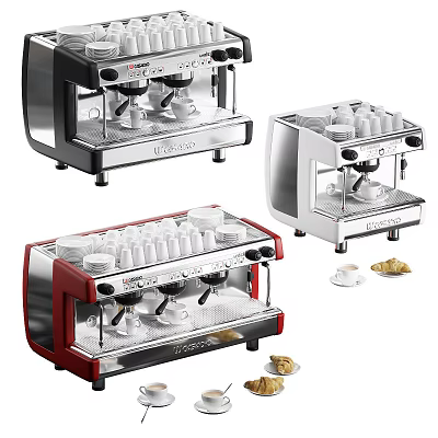 Stylish Modern Kitchen Appliances Featuring Red Black Silver Coffee Machines With Coffee Cups And Pastries 3d model