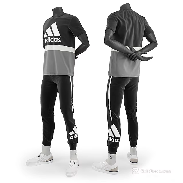 Model Wearing Adidas Black Gray Tracksuit With White Stripes And Logo 3d model 