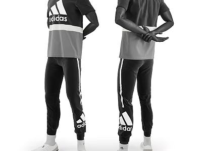 Model Wearing Adidas Black Gray Tracksuit With White Stripes And Logo 3d model