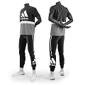 Model Wearing Adidas Black Gray Tracksuit With White Stripes And Logo