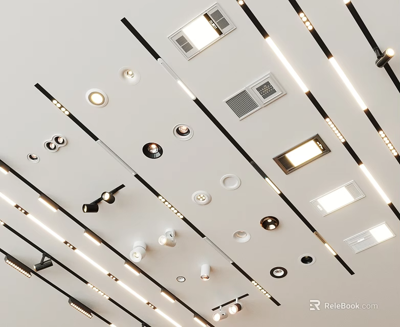 Contemporary Ceiling Mounted Downlights and Spotlights with Integrated Linear Lighting 3d model 