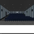 Modern Cinema Interior With Blue Tiered Seats Projection Screen And Ambient Lighting