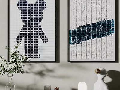 Modern Interior Wall Art With Bear Pattern And Abstract Blue Decorative Paintings 3d model