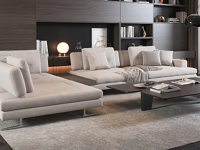 Modern Sofa and Coffee Table Combination With Decorative Pillows and Area Rug in Living Room 3d model