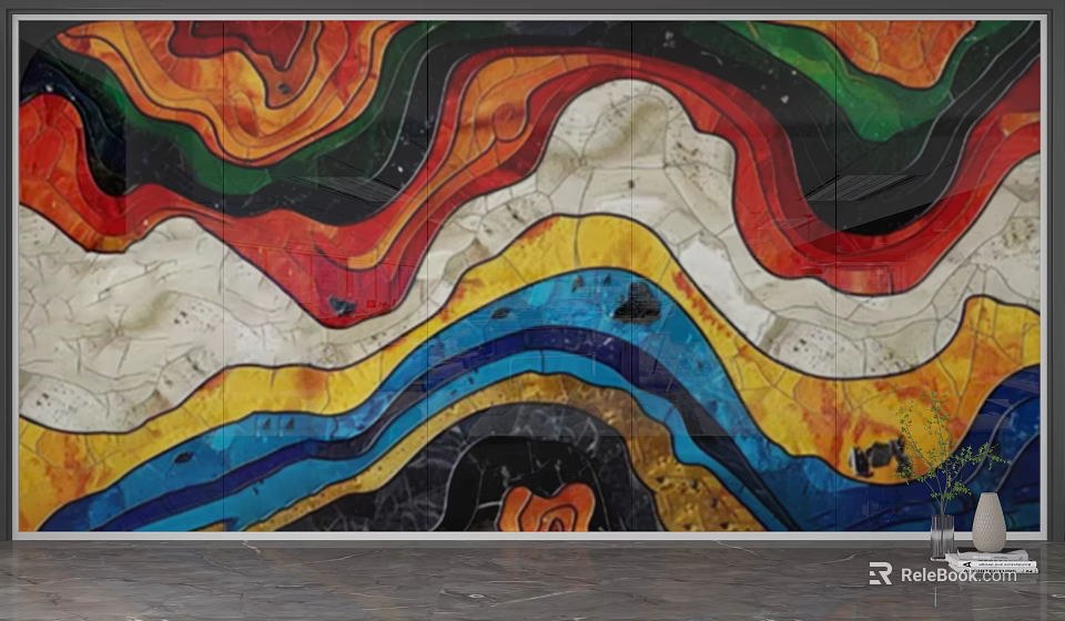 Colorful Mosaic Wall with Wavy Patterns in Red Orange Yellow Blue Green Hues 3d model 