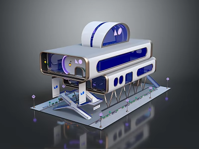 Futuristic Modern Building With Streamlined White Blue Structure Transparent Windows And Platform Plants 3d model