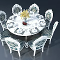 Elegant Round White Dining Table With Six Floral Patterned Chairs And Table Setting 3d model
