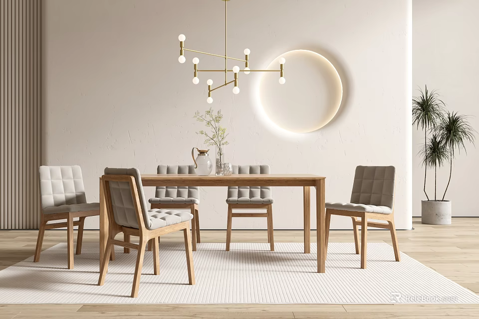 Wooden Dining Table Set With Six Gray Padded Chairs Chandelier And Round Wall Decor 3d model 