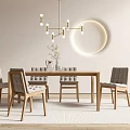 Wooden Dining Table Set With Six Gray Padded Chairs Chandelier And Round Wall Decor