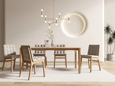 Wooden Dining Table Set With Six Gray Padded Chairs Chandelier And Round Wall Decor 3d model