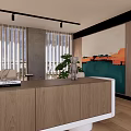 Modern Lounge Area Interior Design With Wooden Counter Green Plant And Pendant Lights