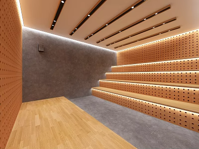 Modern Conference Room Interior With Tiered Wooden Seats And Recessed Lighting 3d model
