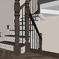 Staircase Hallway With Wooden Handrails Black White Patterned Steps Herringbone Wooden Flooring And Wall Sconces