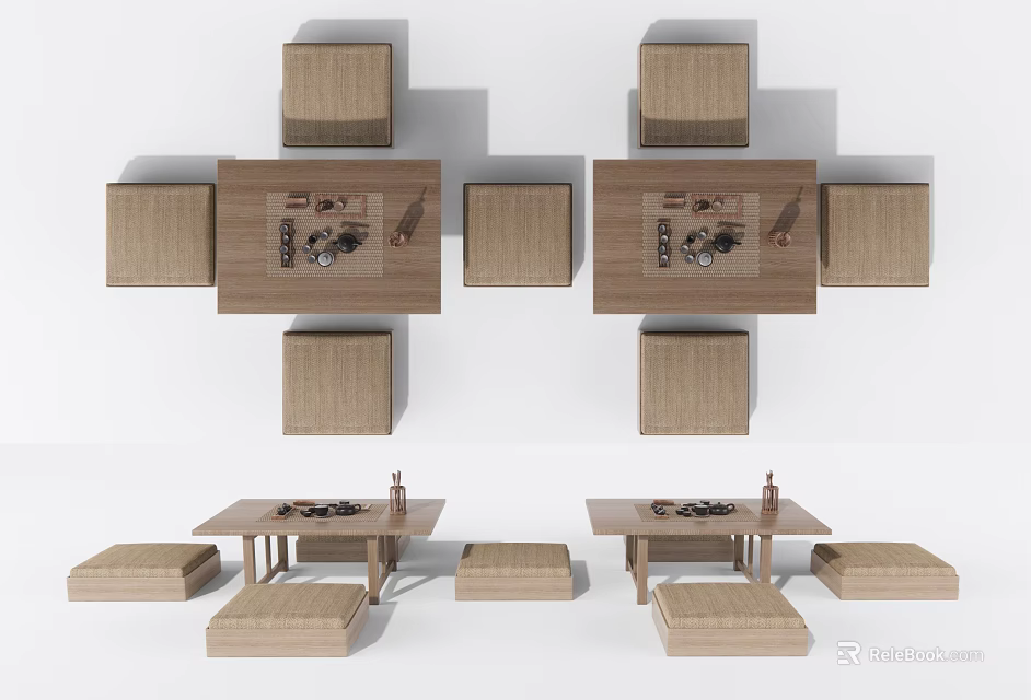 Traditional Chinese Style Solid Wood Tea Table and Chairs Set with Comfortable Cushions 3d model
