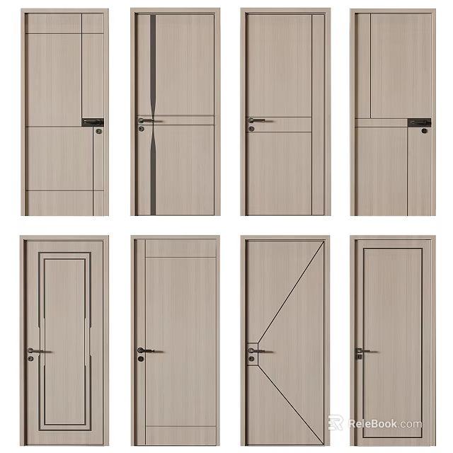 Various Modern Hinged Door Designs With Wooden Panels And Handle Styles 3d model