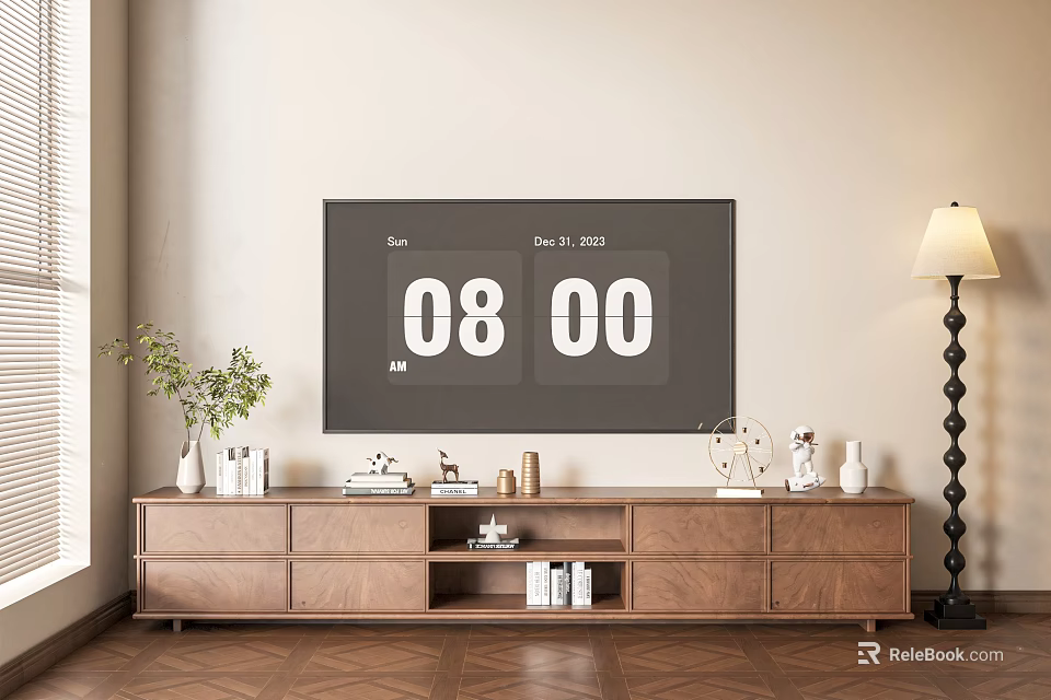 Walnut Wood TV Stand With Storage Drawers Decorations Potted Plant And Large Screen TV 3d model 