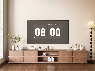 Walnut Wood TV Stand With Storage Drawers Decorations Potted Plant And Large Screen TV 3d model