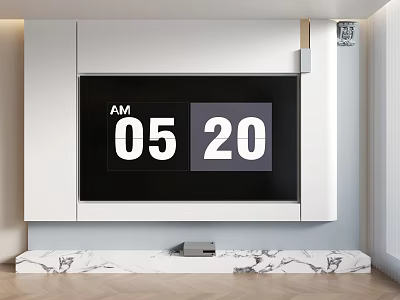 Modern TV Wall With Digital Time Display White Cabinet Marble Countertop Herringbone Wooden Floor 3d model