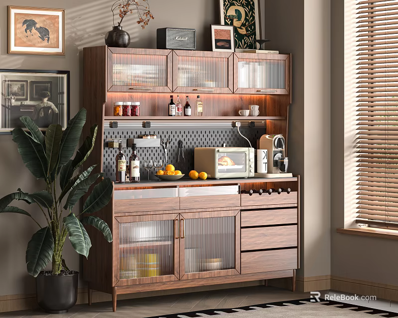 Wooden Kitchen Sideboard Cabinet With Glass Doors Storage Microwave Fruits Green Plant 3d model 