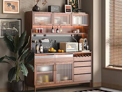 Wooden Kitchen Sideboard Cabinet With Glass Doors Storage Microwave Fruits Green Plant 3d model