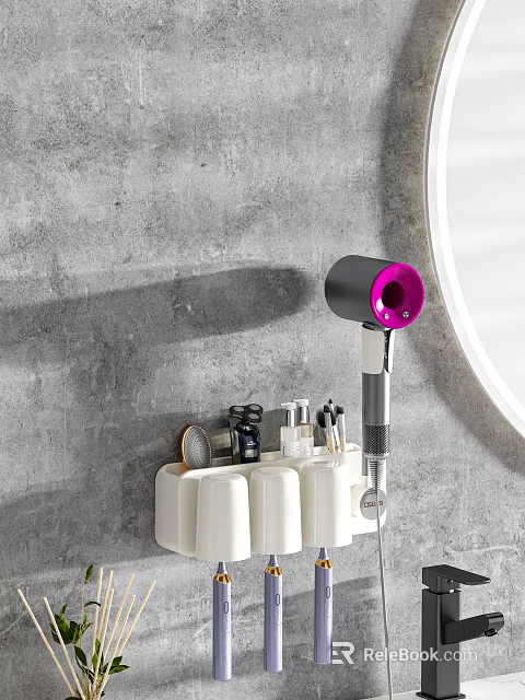 Modern Minimalist Bathroom Cabinet Rack With White Storage Compartments Purple Hair Dryer And Round Mirror 3d model 