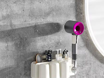 Modern Minimalist Bathroom Cabinet Rack With White Storage Compartments Purple Hair Dryer And Round Mirror 3d model