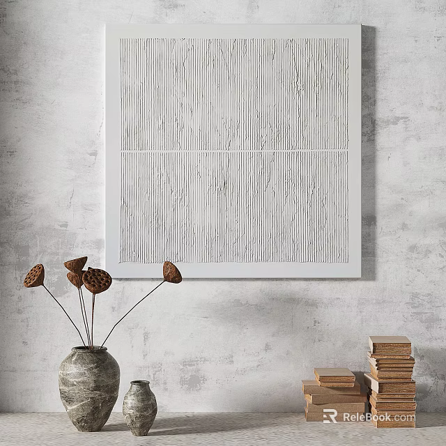 Abstract Painting White Vertical Lines on Minimalist Gray Wall with Dried Plants and Stacked Books 3d model 