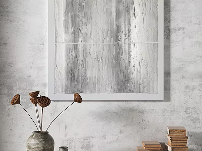 Abstract Painting White Vertical Lines on Minimalist Gray Wall with Dried Plants and Stacked Books 3d model