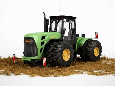 Green Agricultural Functional Tractor With Large Tires Parked In Dry Grass Field 3d model
