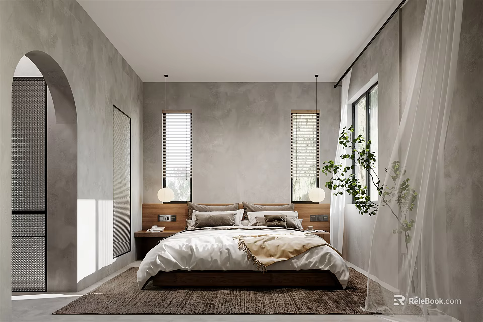 Gray Walled Bedroom With Arched Doorway Long Windows Wooden Nightstands And Gray Beige Bedding 3d model 