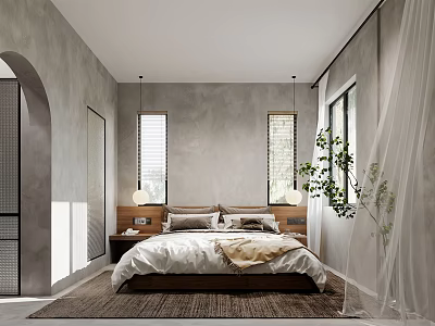 Gray Walled Bedroom With Arched Doorway Long Windows Wooden Nightstands And Gray Beige Bedding 3d model