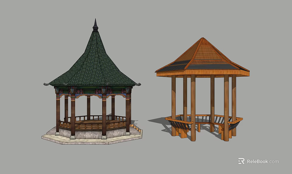 Two Pavilion Designs One with Green Decorative Roof and Wooden Brown Roof Structure 3d model 