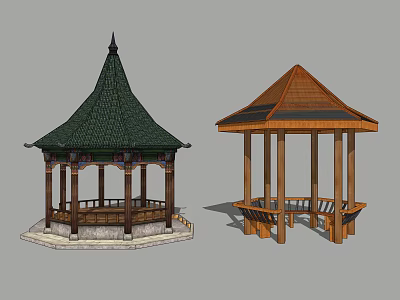 Two Pavilion Designs One with Green Decorative Roof and Wooden Brown Roof Structure 3d model