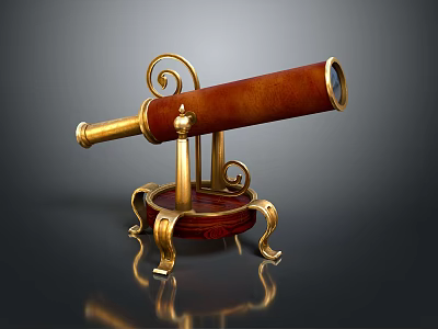 Vintage Wooden Telescope with Golden Decorations and Curved Stand on Round Base 3d model
