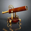 Vintage Wooden Telescope with Golden Decorations and Curved Stand on Round Base