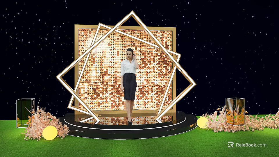 Glamorous Photo Spot With Gold Sequin Backdrop Geometric Frame Green Floor Flowers And Illuminated Balls 3d model 
