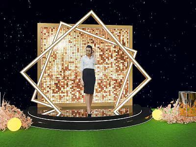 Glamorous Photo Spot With Gold Sequin Backdrop Geometric Frame Green Floor Flowers And Illuminated Balls 3d model