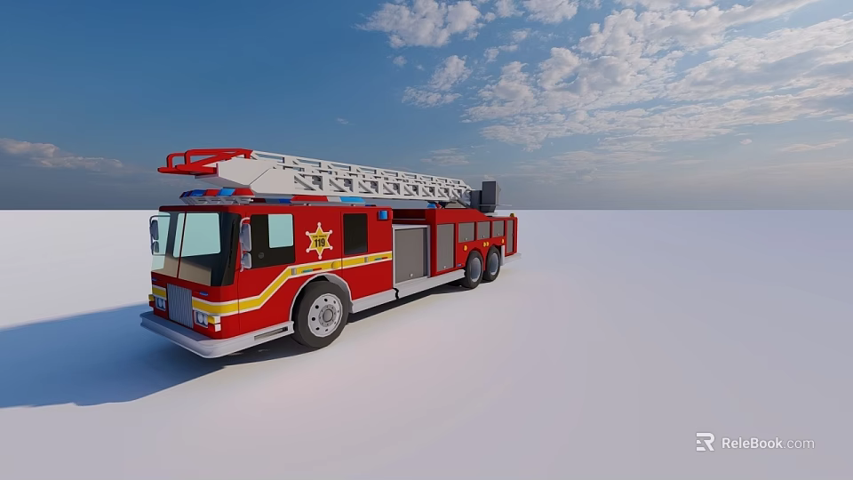 Red Fire Truck Equipped With Ladder And Star Emblem For Emergency 3d model 