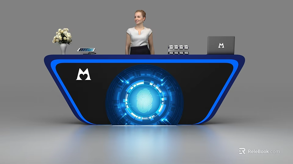 Modern Futuristic Reception Desk With Blue Illuminated Edges Biometric Interface Flowers Tablet And Laptop 3d model 