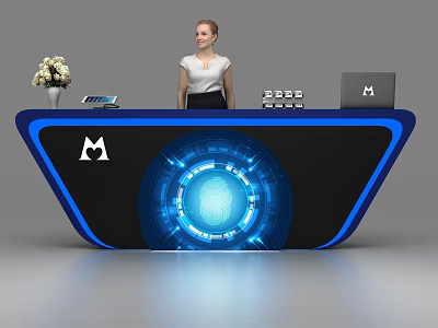 Modern Futuristic Reception Desk With Blue Illuminated Edges Biometric Interface Flowers Tablet And Laptop 3d model