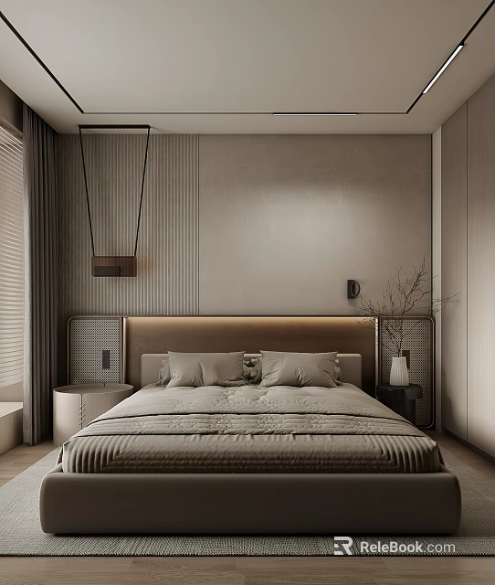 Modern Bedroom Interior With Beige Walls Upholstered Headboard And Pendant Light 3d model 