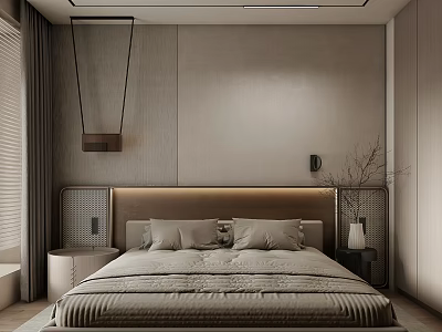 Modern Bedroom Interior With Beige Walls Upholstered Headboard And Pendant Light 3d model