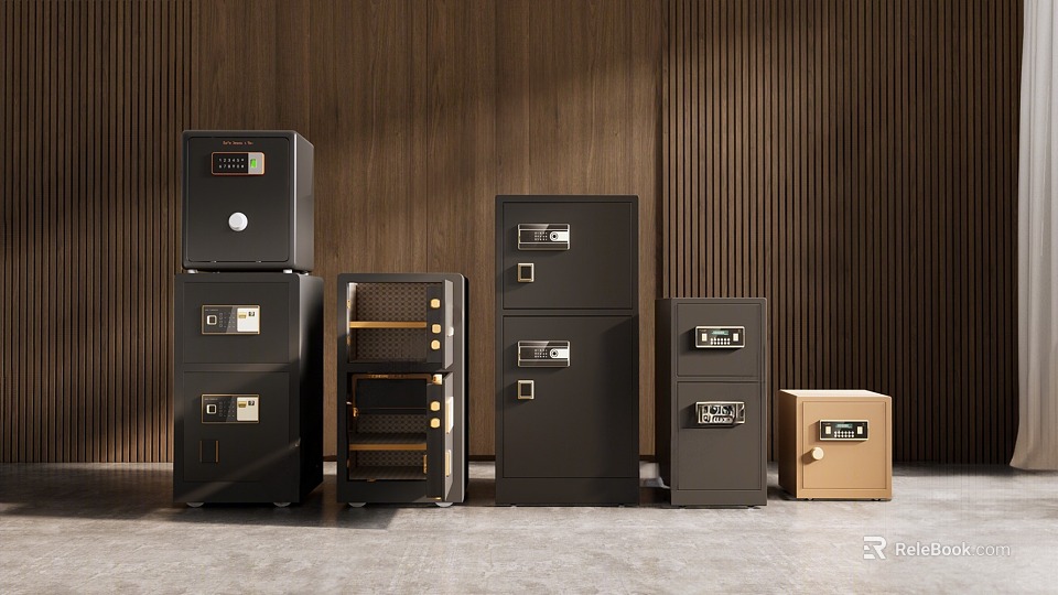 Public Facilities Safety Safes With Different Sizes Styles Black Brown And Wooden Wall Background 3d model 
