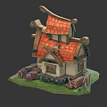 Cartoon House Scene With Red Tiled Roof Traditional Decorations Green Grass And Wooden Fence
